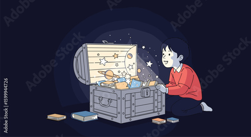 A young child discovers a magical treasure chest filled with glowing trinkets and mysterious artifacts under the dim light
