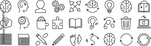 Cognitive learning and thinking icons – brain, creativity, knowledge, idea generation, problem-solving, critical thinking, innovation, and mind process set