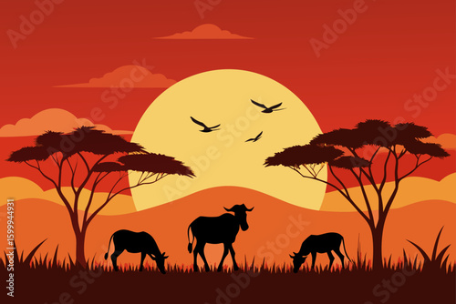 Sunset View from Tall Grass with Wildebeests