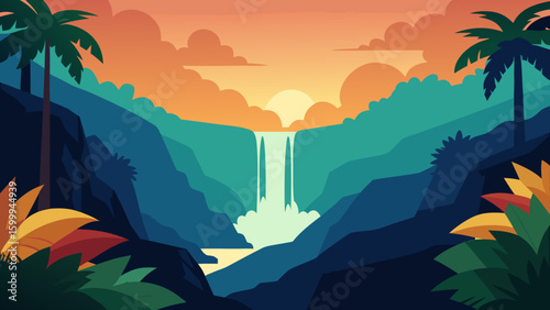 Waterfall in Jungle Valley at Sunset