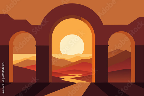 Sunset Through Stone Arches in Desert