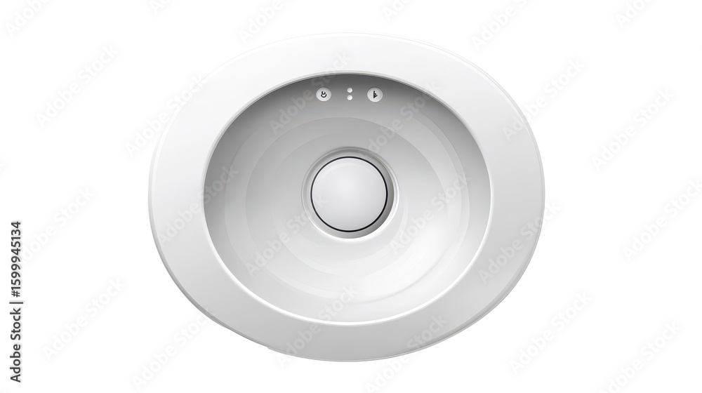 Round, white, recessed lighting fixture with control panel. Round, white, recessed lighting fixture with control panel.