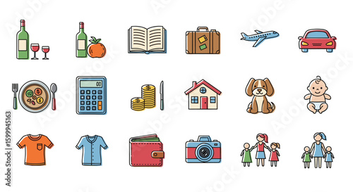 Financial planning life icons for personal investment and family budgeting decisions