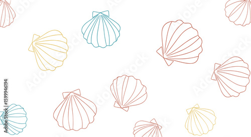 An overhead view of colorful seashells scattered across a pure white surface illustrating beach and ocean life