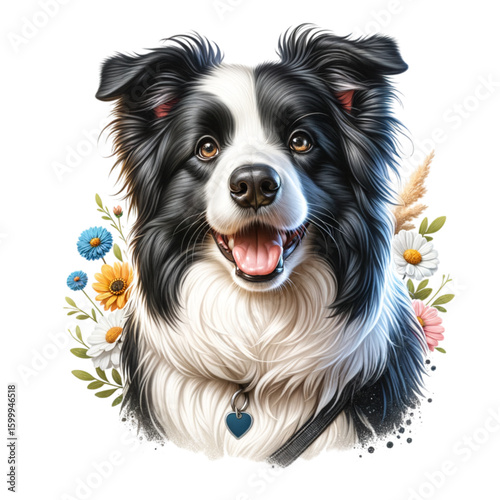 Happy Border Collie Portrait: A vibrant portrait of a border collie dog with a cheerful expression, surrounded by floral accents, captures the essence of canine joy and charm.