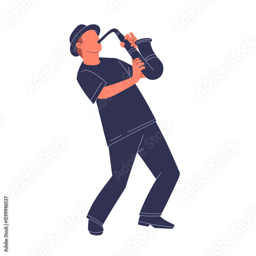 Flat vector illustration of a male jazz musician passionately playing a saxophone. Ideal for music, jazz concert, band, or festival design elements.