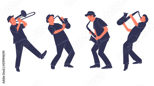 Flat vector illustration set of four male jazz musicians playing saxophone and trombone. Perfect for jazz events, concerts, music posters, or educational materials.