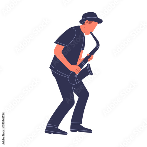 Flat vector illustration of a male jazz musician passionately playing a saxophone. Ideal for music, jazz concert, band, or festival design elements.