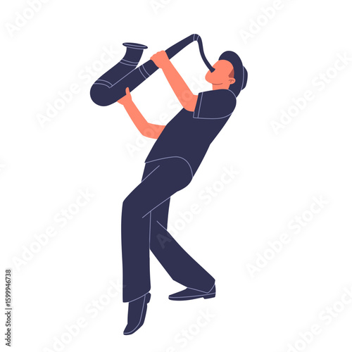 Flat vector illustration of a male jazz musician passionately playing a saxophone. Ideal for music, jazz concert, band, or festival design elements.