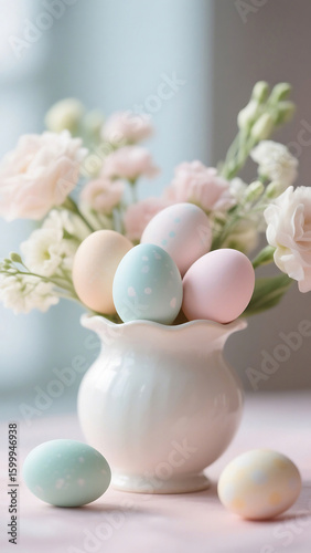 Pastel easter eggs in a white vase with flowers creating a soft and delicate spring arrangement