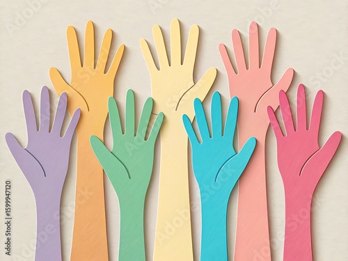 Colorful paper hands reaching up together isolated on white background