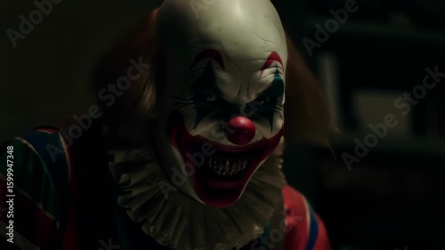 Creepy clown mask with red balloon in dark for horror film, scary movie and halloween atmosphere. Sinister costume and evil character for fear, terror and nightmare concept