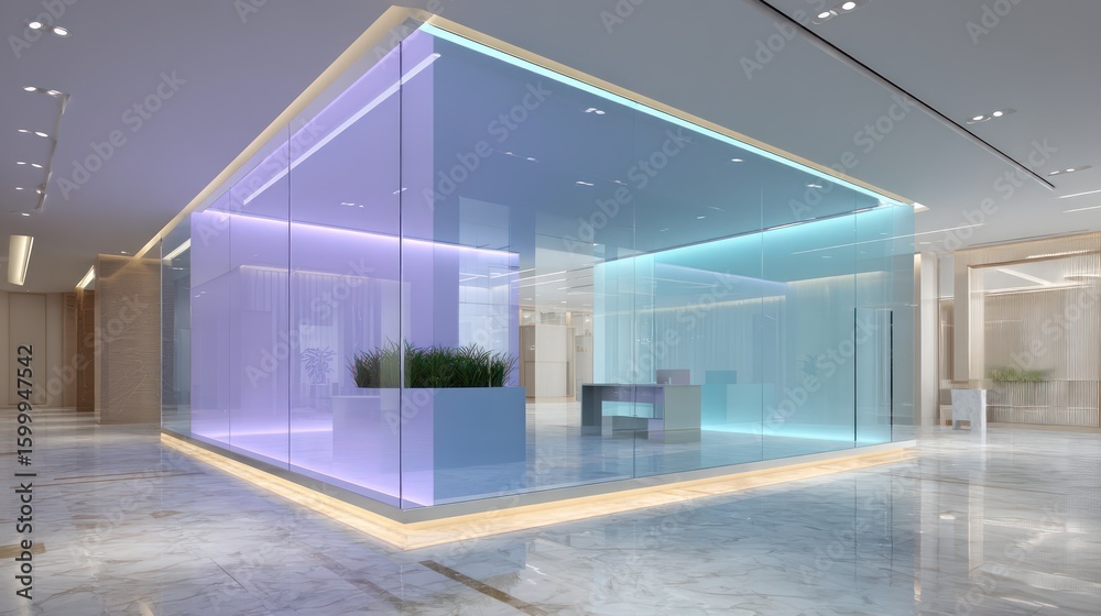 Obraz premium Reflective glass cube office interior with lavender and sky blue LED trims, ambient shadow layering across patterned floor tiles,