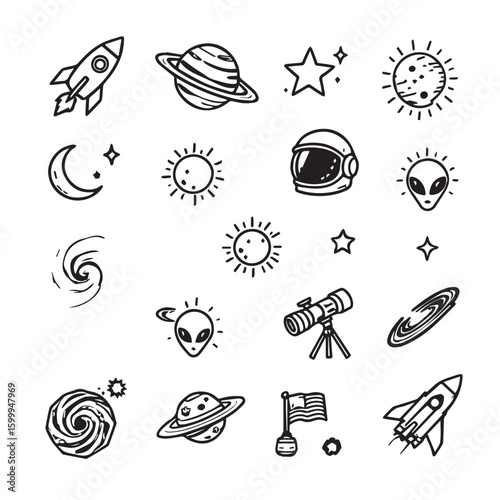 Whimsical hand-drawn space themed icons featuring rockets planets astronauts and aliens