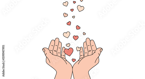 Sharing generous love and kindness through open palms overflowing with tiny hearts falling gently from above