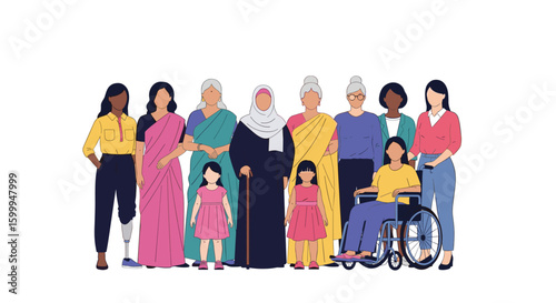 Diverse women of all ages and abilities standing together celebrating unity and strength