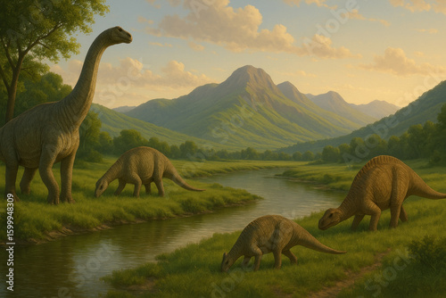 Herd of dinosaurs drinking water in a painting.