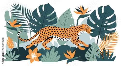 A majestic leopard gracefully prowls through a lush tropical rainforest environment