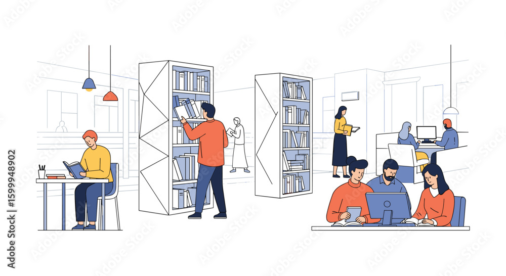Diverse group of people working collaboratively in a modern office environment with bookshelves and technology creating an atmosphere of innovation and productivity Diverse group of people working collaboratively in a modern office environment with bookshelves and technology creating an atmosphere of innovation and productivity