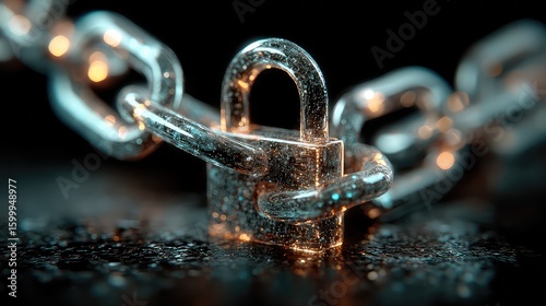 Digital lock icon connected to glowing data chains represents encrypted technology, blockchain protection, and secure data transfer in modern digital ecosystems.