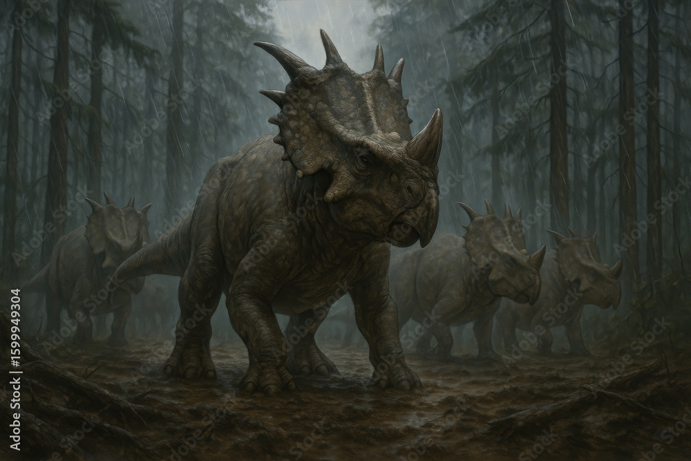 Fototapeta premium Herd of triceratops in forest.