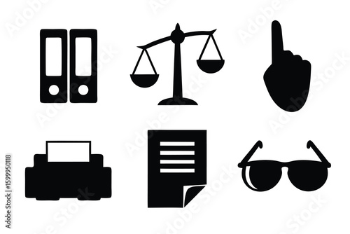 Black and white icons depicting office supplies and legal symbols set of silhouettes
