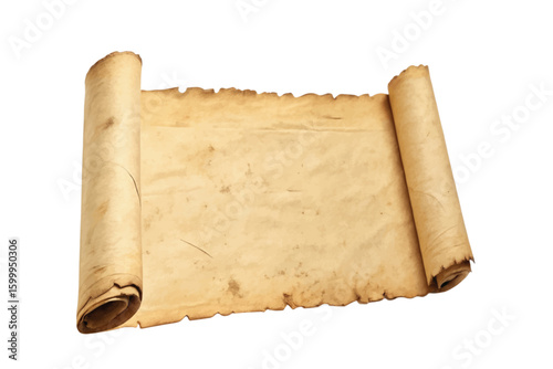 Old parchment paper with worn texture isolated on white background, perfect for antique, historical, vintage document designs or fantasy styled themed backgrounds.
