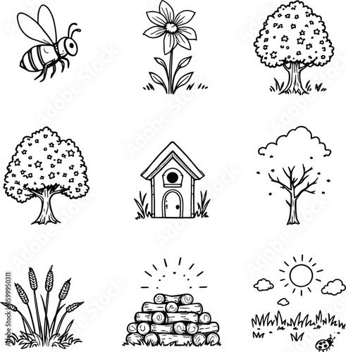 Nature Icon Set Featuring Bees, Flowers, Trees, Birdhouses, Logs, Cattails, Sunshine, and Seasonal Forest Elements