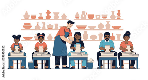 A diverse group of students learn pottery from an instructor in a bright studio setting with shelves of ceramic pieces in the background