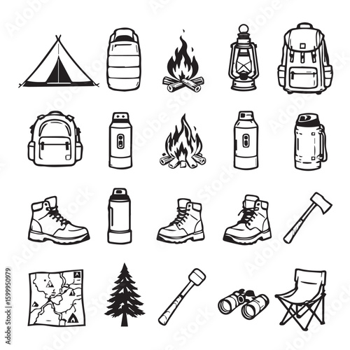 Camping adventure gear collection including tent, sleeping bag, campfire, lantern, and backpack