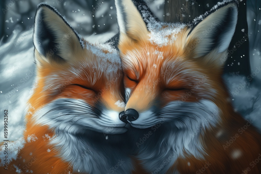 Fototapeta premium Two foxes nestled close together in a snowy forest, their fur dusted with soft white flakes. Their eyes are closed as they share a quiet moment of warmth and trust in the winter landscape.