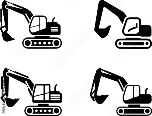 Black excavator icons on white background digger construction