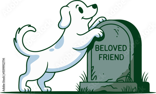 a cartoon dog standing next to a gravestone reading "BELOVED FRIEND