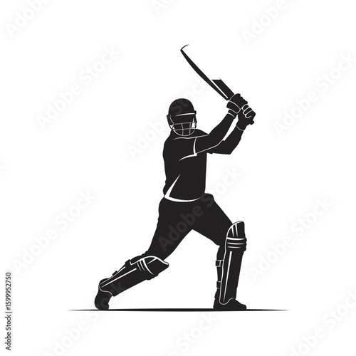 Cricket player silhouette batsman action pose sports vector illustration dynamic cricket game graphic powerful swing black and white image
