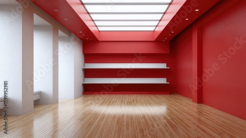 Rich red room with matte white accents direct beam lighting from small overhead slits casting hard-edge shadows on the