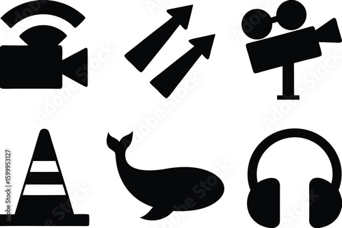 Black and white icons for media and communication set of silhouettes