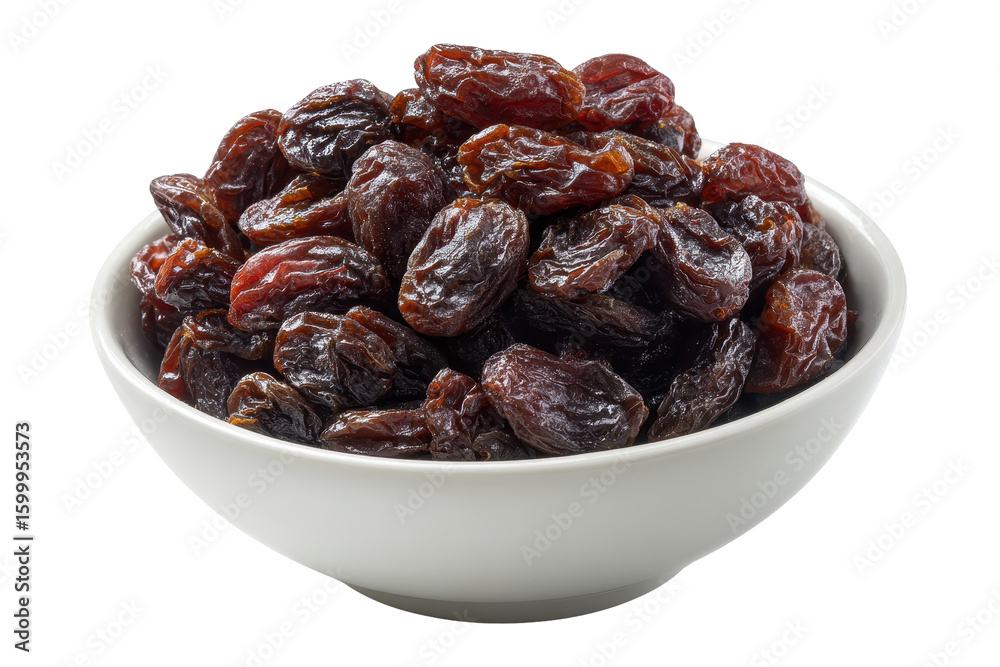 Dark raisins in a white bowl healthy snack food, isolated on a transparent background Dark raisins in a white bowl healthy snack food, isolated on a transparent background