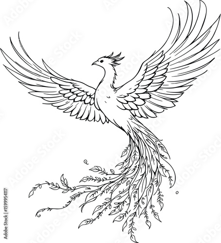 Mythical Phoenix Icon in Leaf-Feather Fusion Featuring Flowing Vines, Spread Wings, and Regal Symmetry in Line Art
