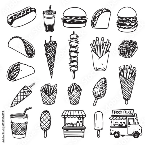 Collection of hand-drawn fast food items and drinks