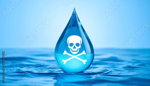 A blue water droplet with a skull and crossbones graphic