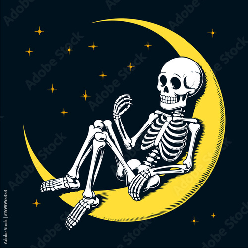 A relaxed skeleton sits serenely on a crescent moon amidst a starry night sky.