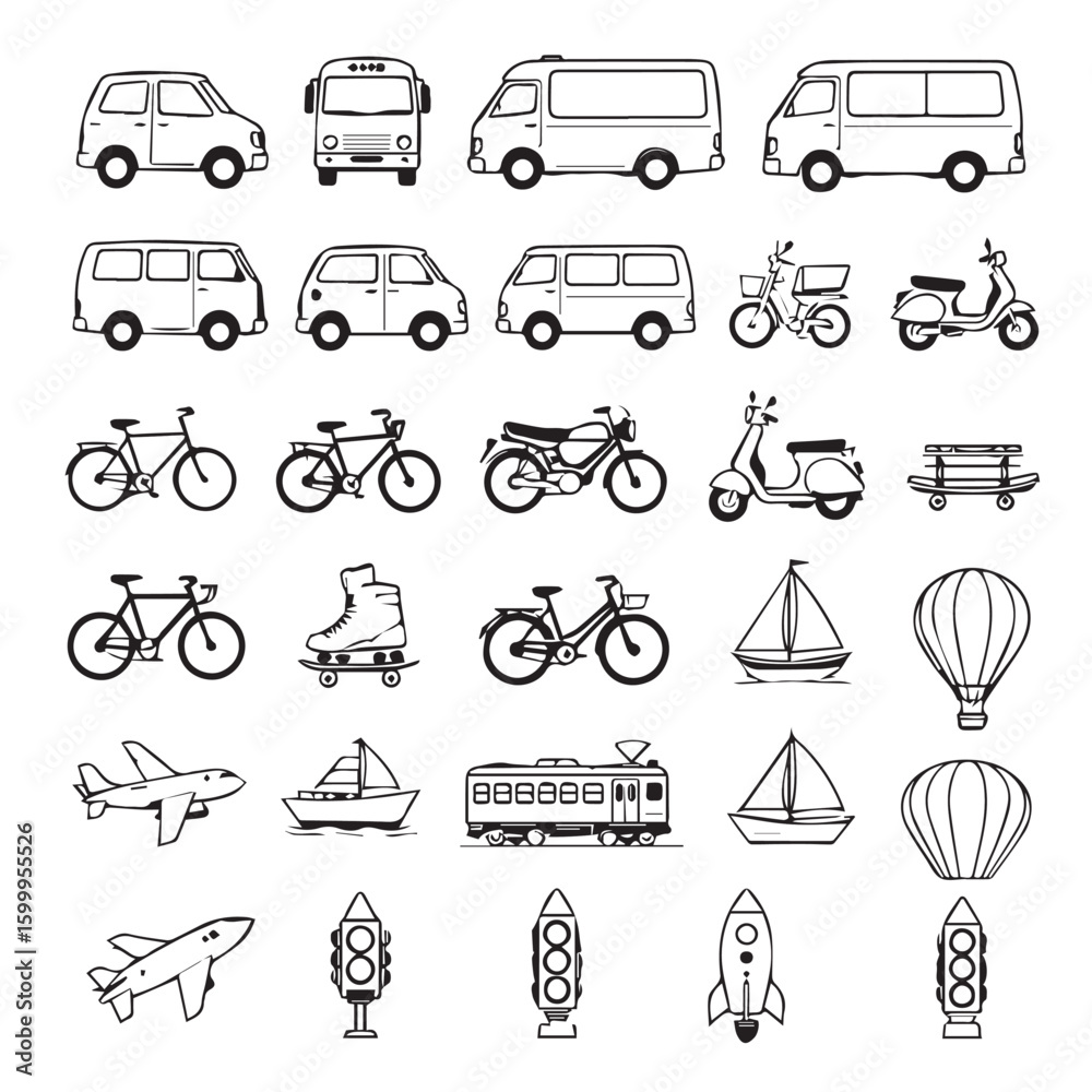 Fototapeta premium Collection of various transportation and vehicle icons in a simple line art style