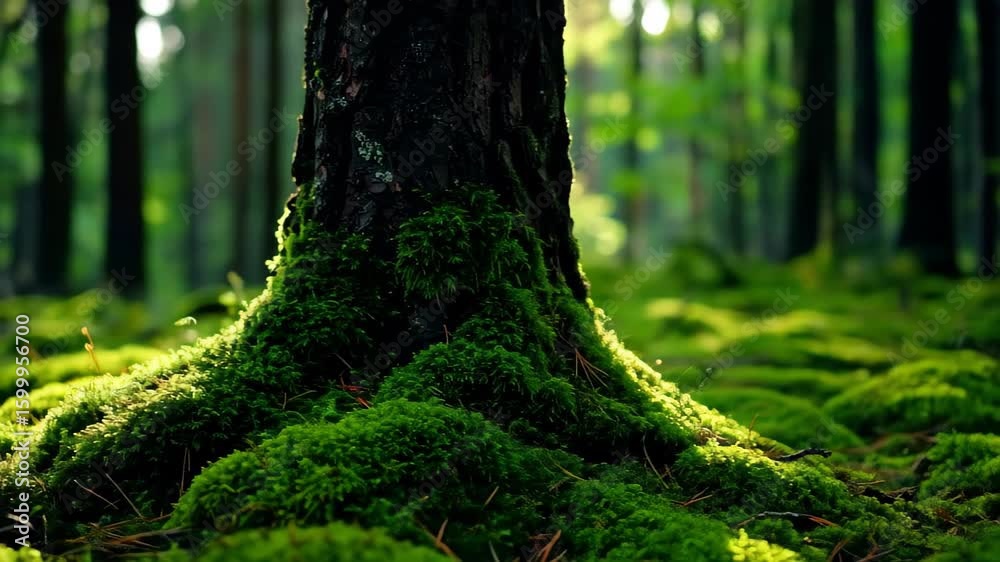 Mossy Tree Trunk in Forest with Sunlight, Lush Green Ground Cover Video