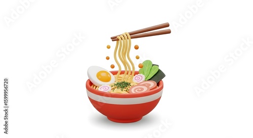Delicious Bowl of Ramen Noodles with Toppings and Chopsticks in a Vibrant Red Bowl