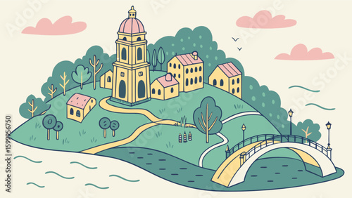 Scenic village illustration vector art featuring church bridge houses and nature landscape design for print media