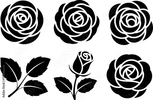 Black rose silhouettes and leaves floral petal