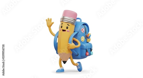 Cheerful Pencil Character with Backpack Ready for School Adventure