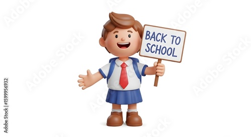 Happy Cartoon Character Holding Back to School Sign with Cheerful Attire