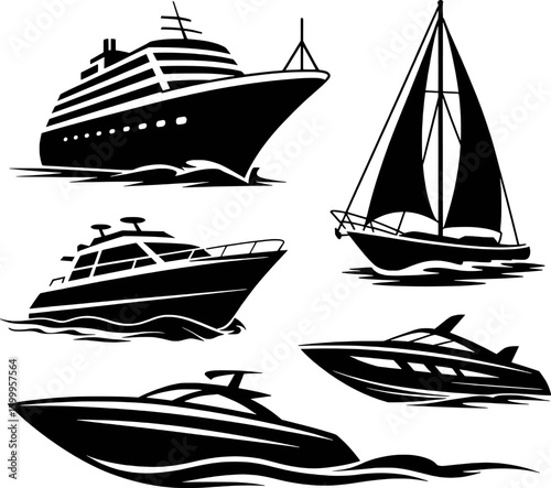 Black silhouettes of various watercraft on white background boat ship