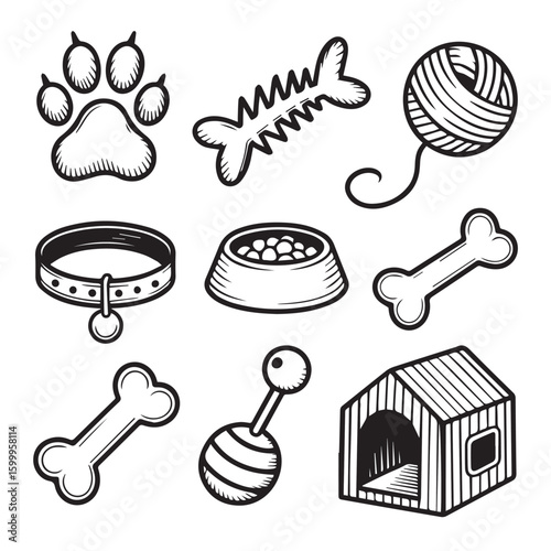 Collection of cartoon pet care items including paw print, bones, collar, and dog house